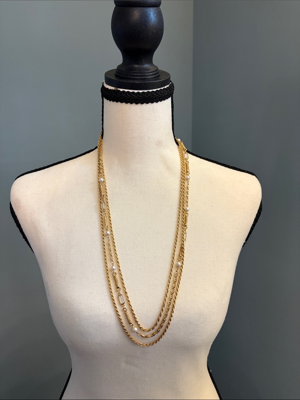 Vintage Gold Multi-Strand Layered Necklace with Pearl Accents
